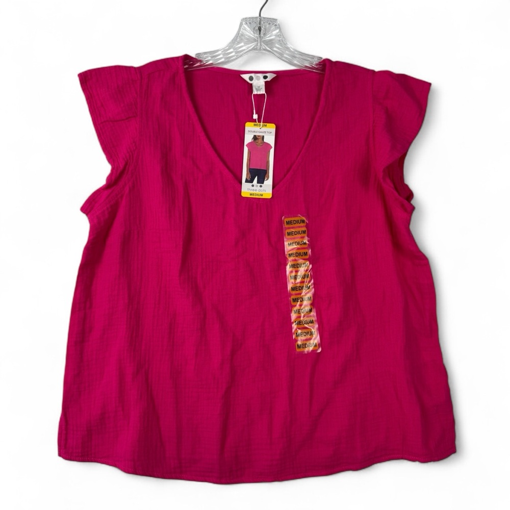 Three Dots Double Gauze Top Womens M‎ Medium Pink Sleeveless Ruffle NWT